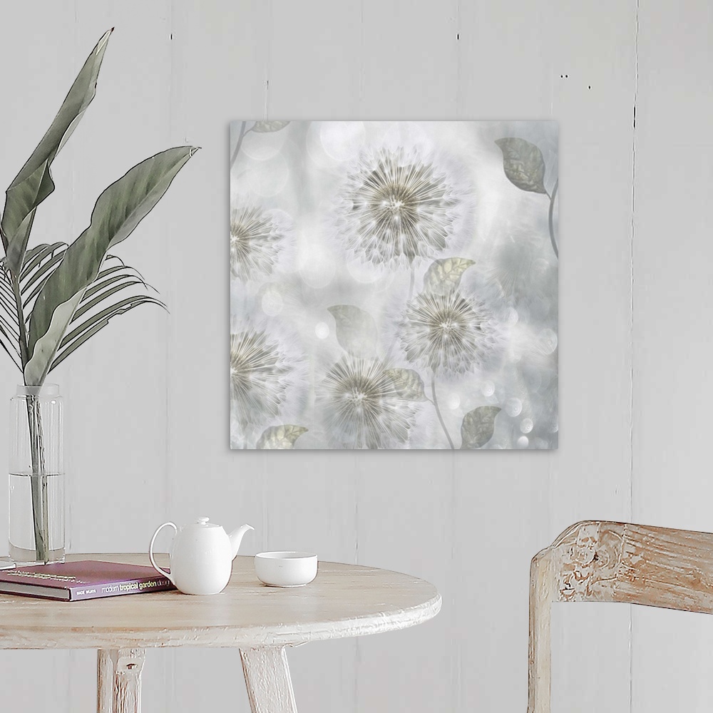 A farmhouse room featuring A ethereal photo of dandelions against a light gray background with lens flares throughout.