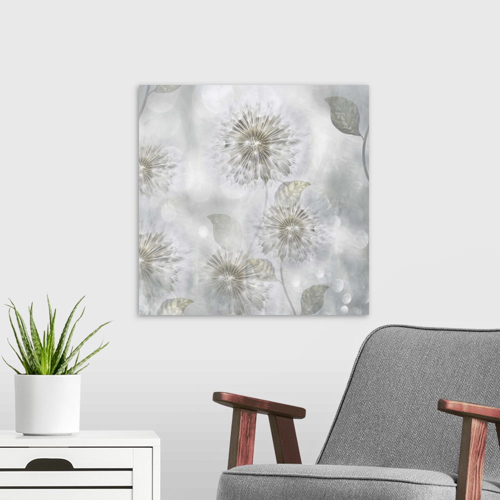 A modern room featuring A ethereal photo of dandelions against a light gray background with lens flares throughout.