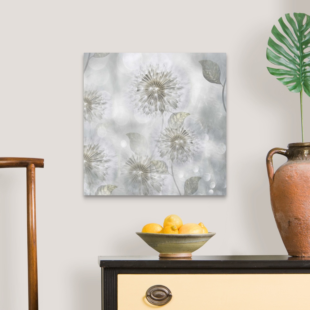 A traditional room featuring A ethereal photo of dandelions against a light gray background with lens flares throughout.