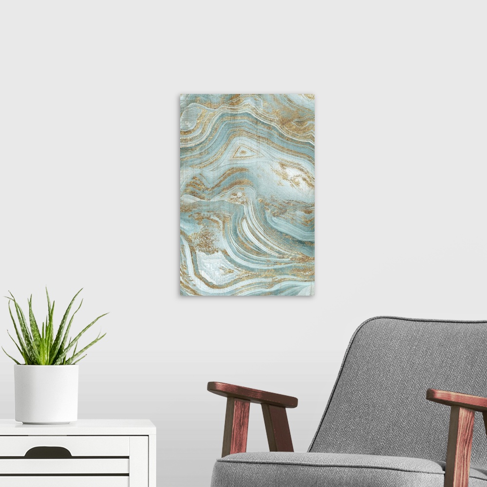 A modern room featuring A painting of a cool toned blue and gold grain agate with flowing designs and patterns.