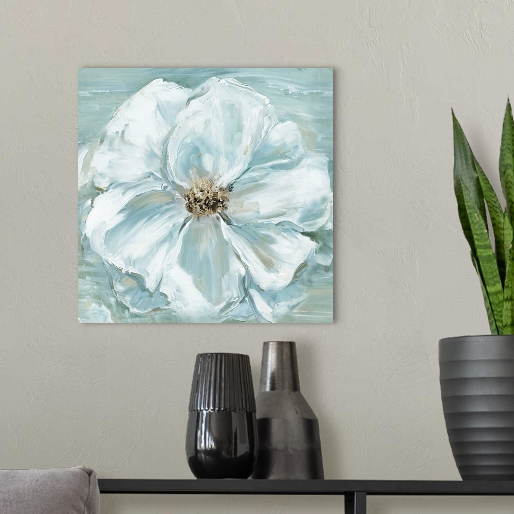 A modern room featuring A square contemporary painting of a large blooming flower in muted shades of white and blue.