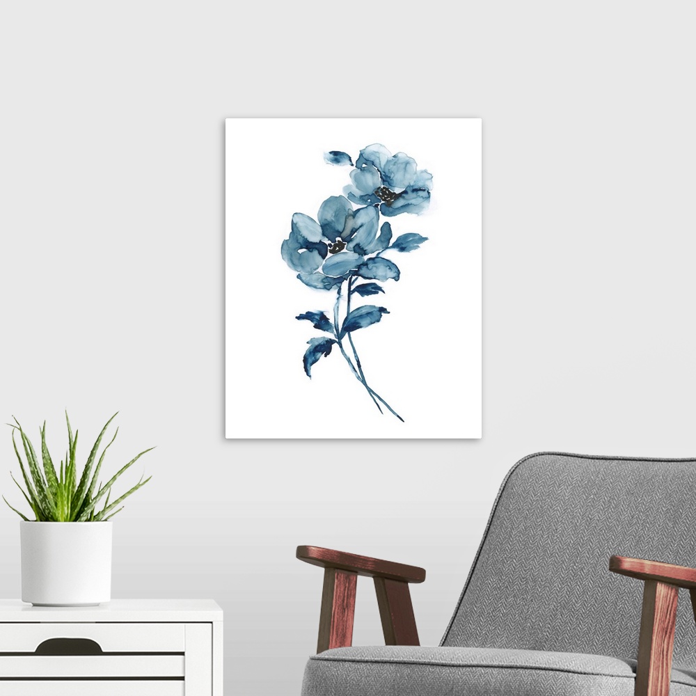 A modern room featuring A contemporary watercolor painting of flowers in shades of blue.