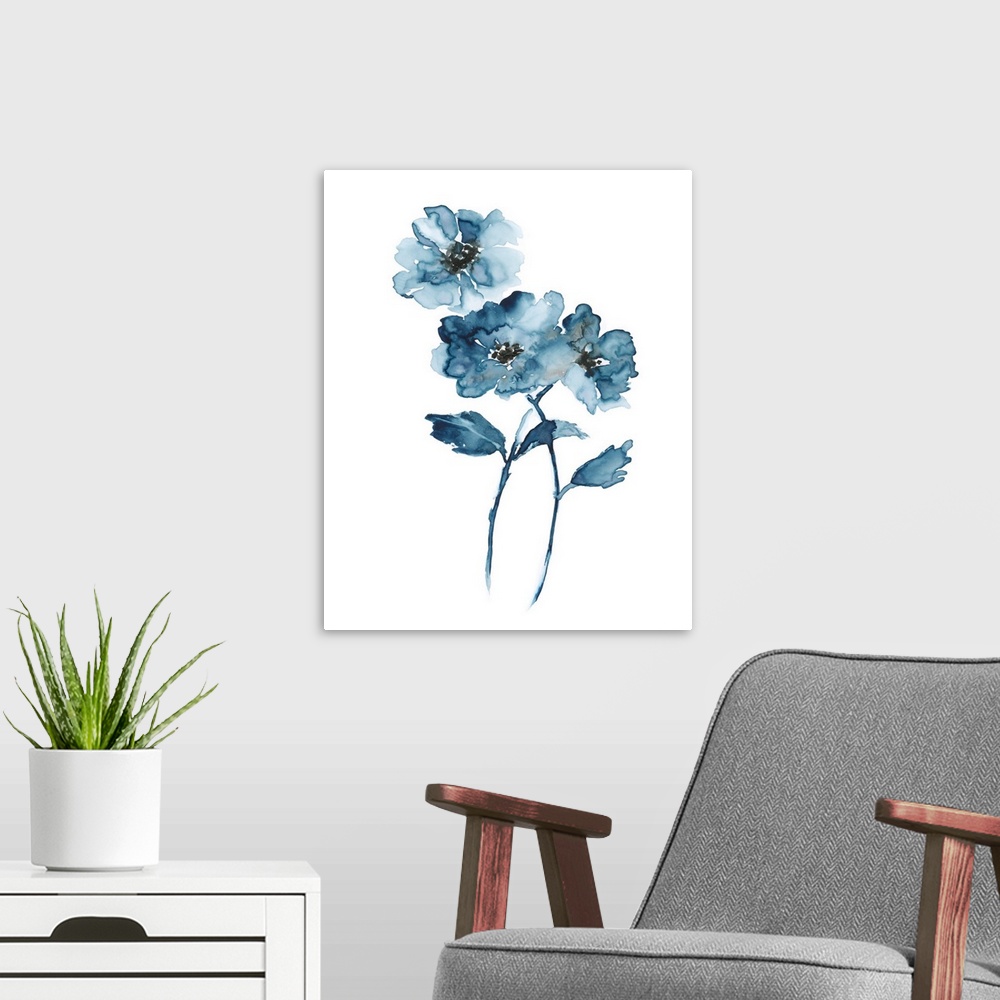 A modern room featuring A contemporary watercolor painting of flowers in shades of blue.