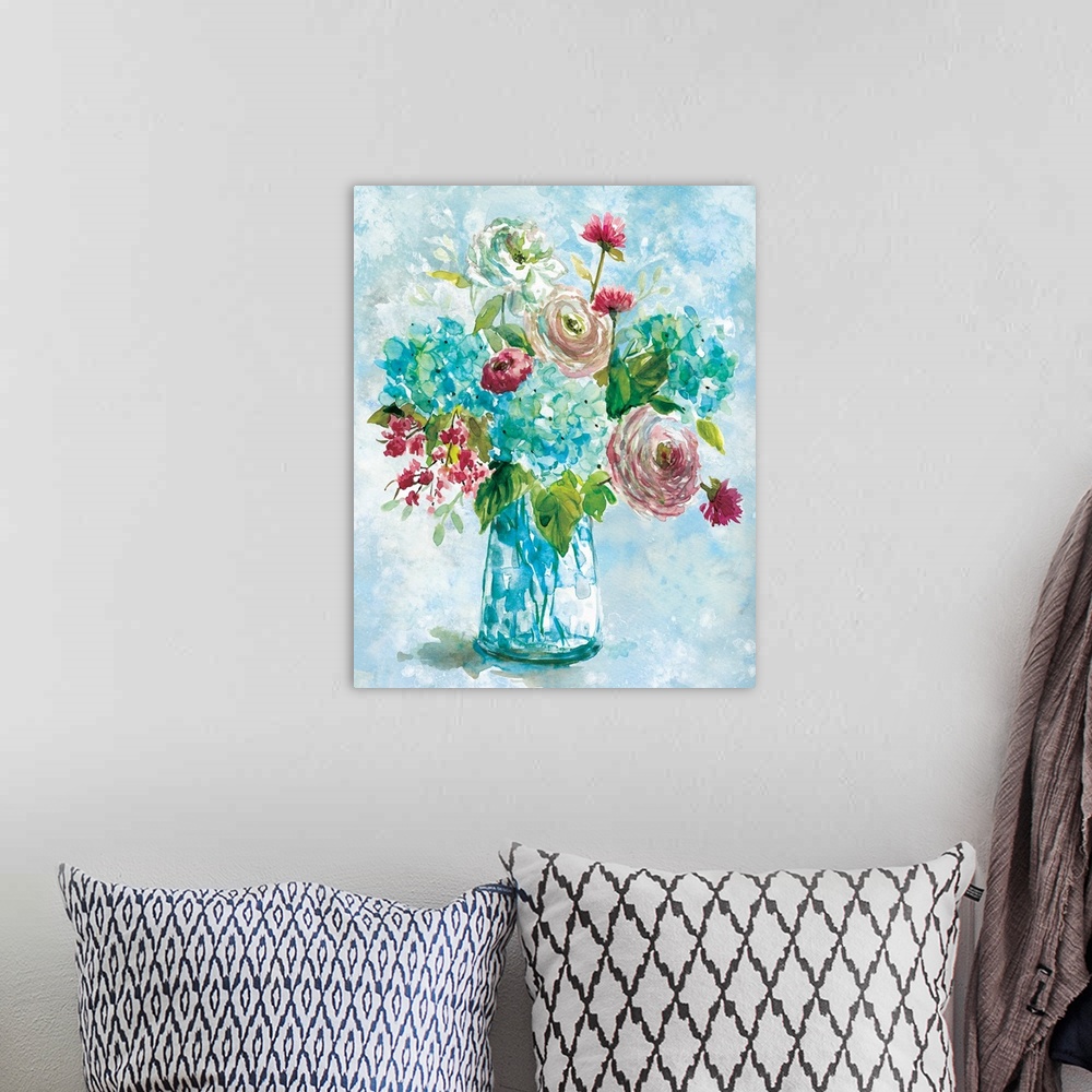 A bohemian room featuring Watercolor painting of a bouquet of flowers in a clear vase.