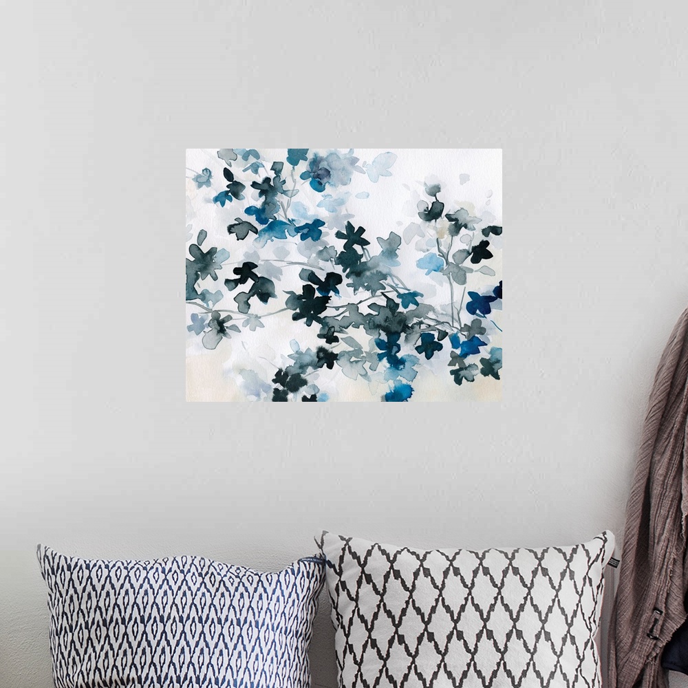 A bohemian room featuring This horizontal artwork is dappled with delicate watercolor blue cherry blossoms on a white backg...