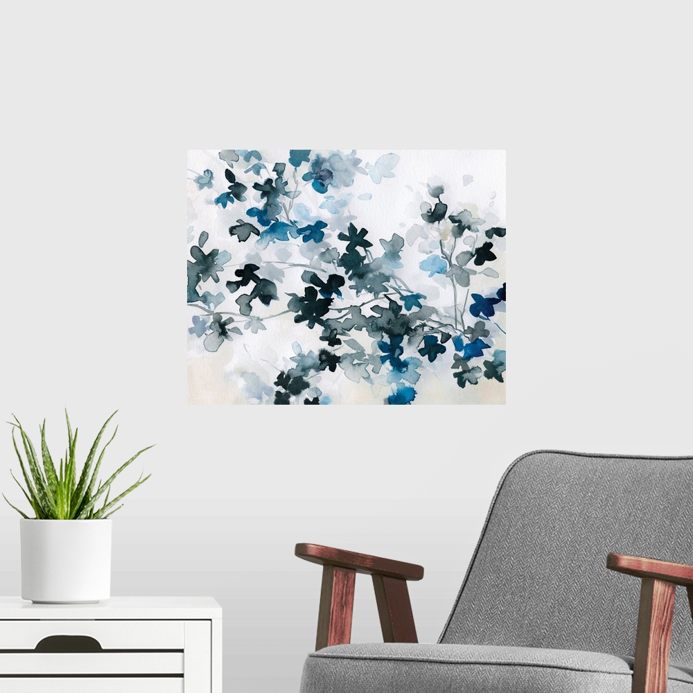 A modern room featuring This horizontal artwork is dappled with delicate watercolor blue cherry blossoms on a white backg...