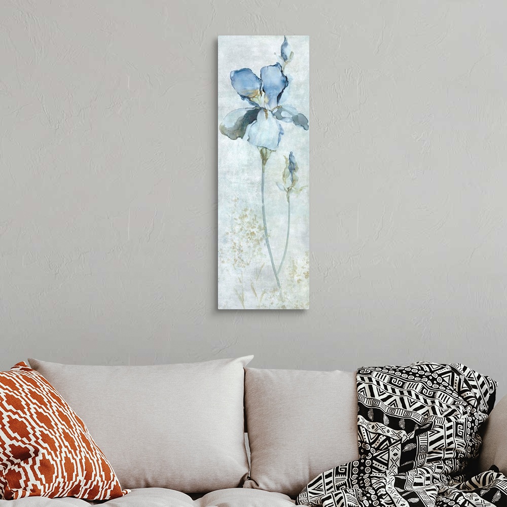 A bohemian room featuring Large panel painting of a blue iris.