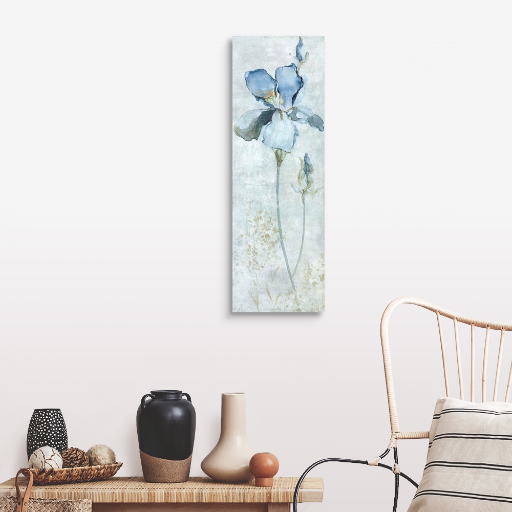 A farmhouse room featuring Large panel painting of a blue iris.