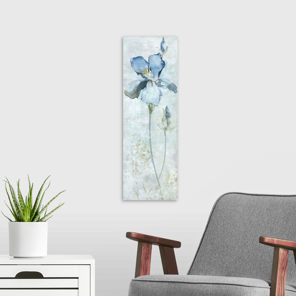 A modern room featuring Large panel painting of a blue iris.