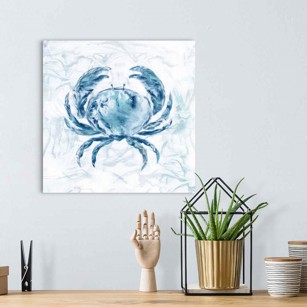 A bohemian room featuring Square beach themed painting of a blue crab with a marbled finish and background.