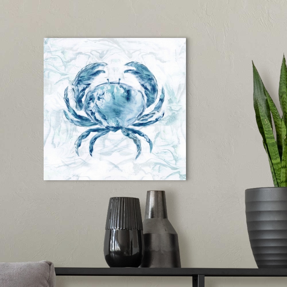 A modern room featuring Square beach themed painting of a blue crab with a marbled finish and background.