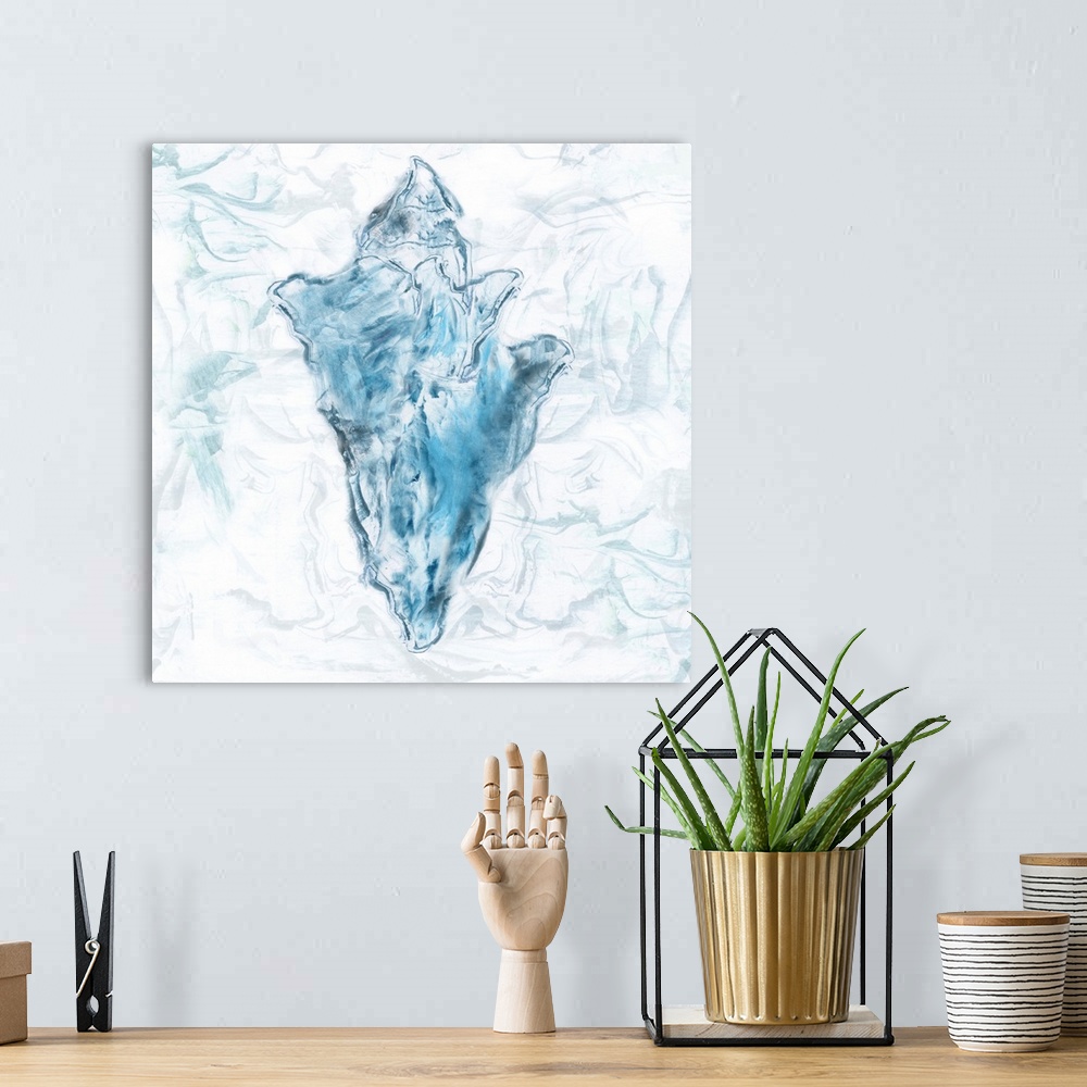 A bohemian room featuring Square beach themed painting of a blue seashell with a marbled finish and background.