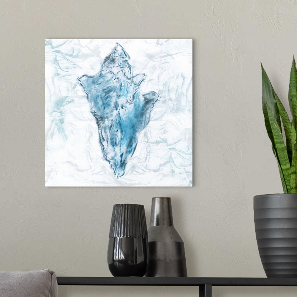 A modern room featuring Square beach themed painting of a blue seashell with a marbled finish and background.