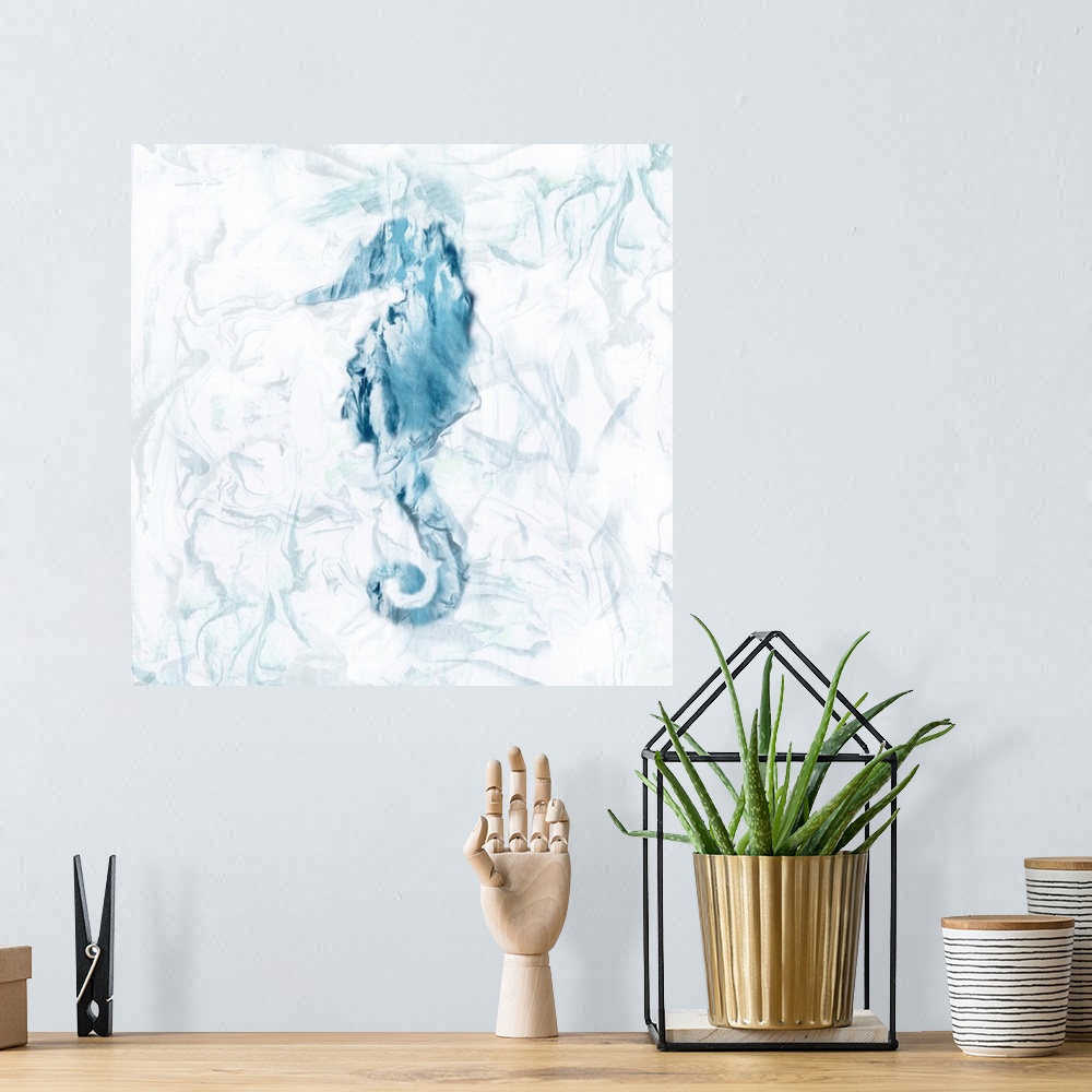 A bohemian room featuring Square beach themed painting of a blue seahorse with a marbled finish and background.