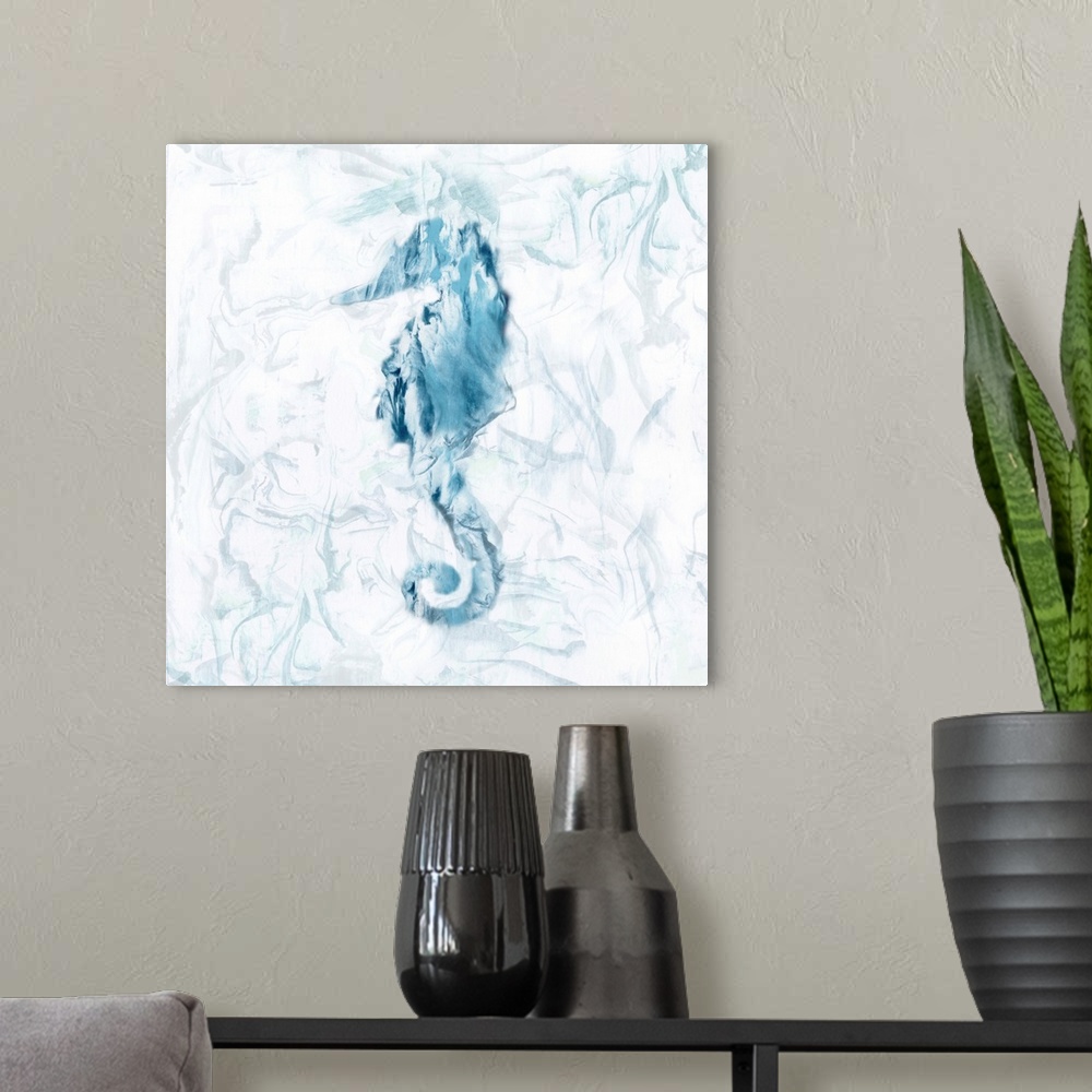 A modern room featuring Square beach themed painting of a blue seahorse with a marbled finish and background.