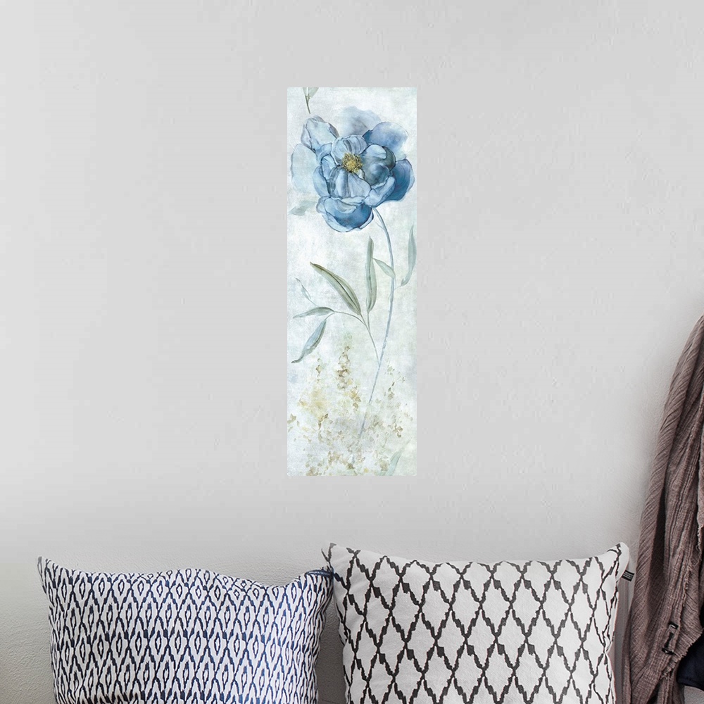 A bohemian room featuring Large panel painting of a blue peony..