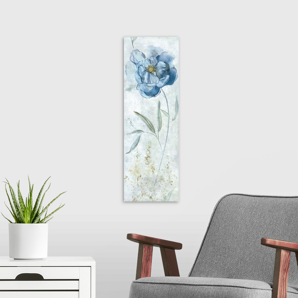 A modern room featuring Large panel painting of a blue peony..