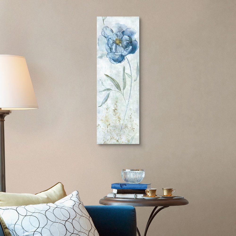 A traditional room featuring Large panel painting of a blue peony..