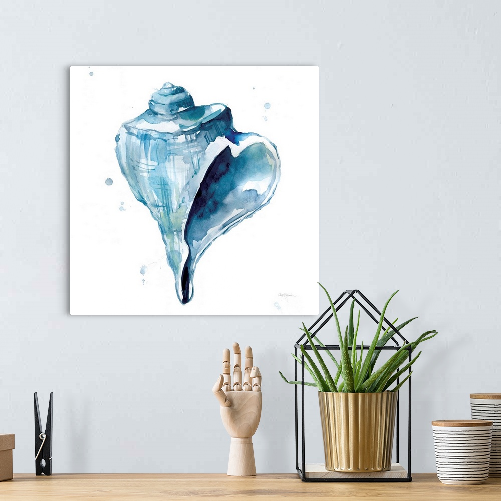 A bohemian room featuring Square watercolor painting of a conch shell made in shades of blue with hints of green on a white...