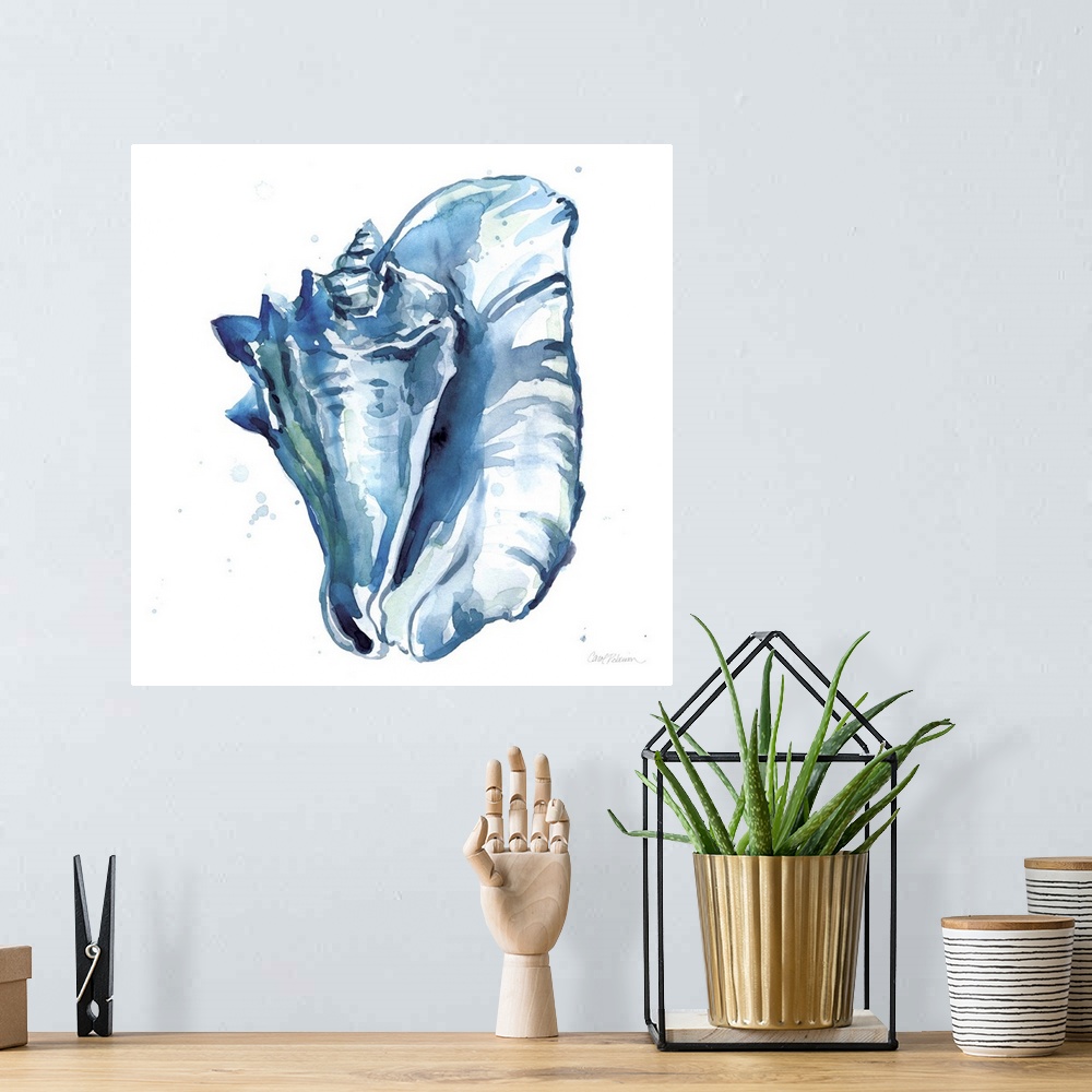 A bohemian room featuring Square watercolor painting of a conch shell made in shades of blue with hints of green on a white...
