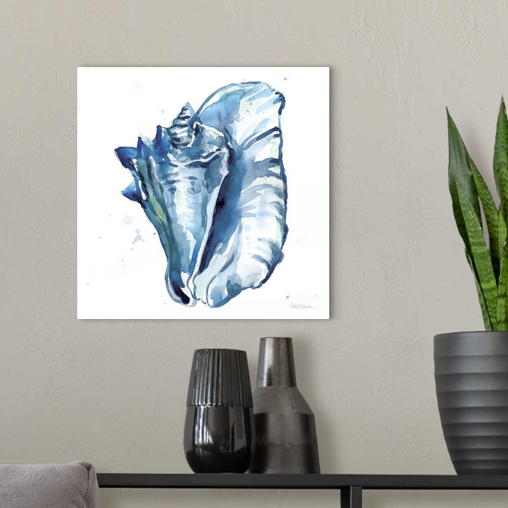 A modern room featuring Square watercolor painting of a conch shell made in shades of blue with hints of green on a white...