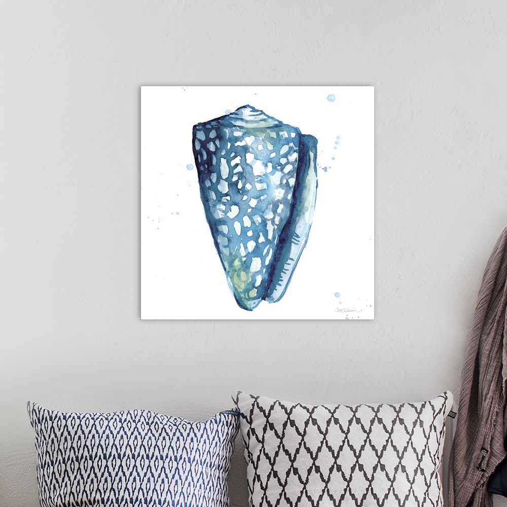 A bohemian room featuring Square watercolor painting of a seashell made in shades of blue with hints of green on a white ba...