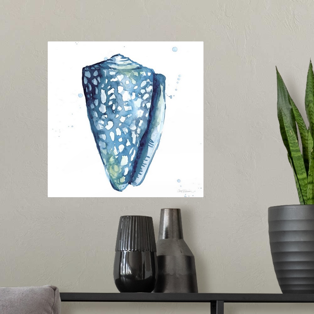 A modern room featuring Square watercolor painting of a seashell made in shades of blue with hints of green on a white ba...