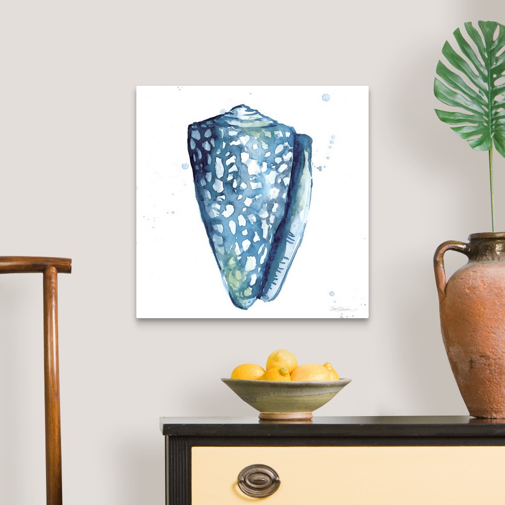 A traditional room featuring Square watercolor painting of a seashell made in shades of blue with hints of green on a white ba...