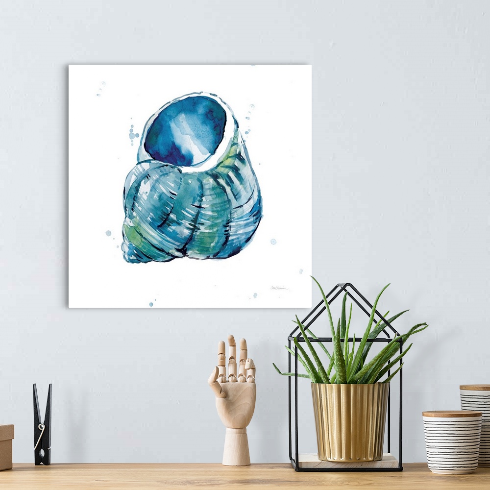 A bohemian room featuring Square watercolor painting of a seashell made in shades of blue with hints of green on a white ba...