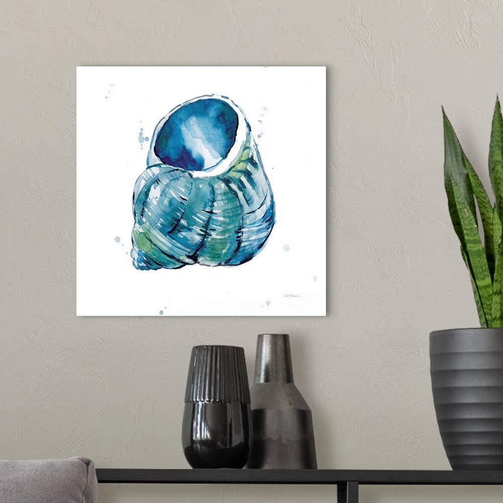 A modern room featuring Square watercolor painting of a seashell made in shades of blue with hints of green on a white ba...