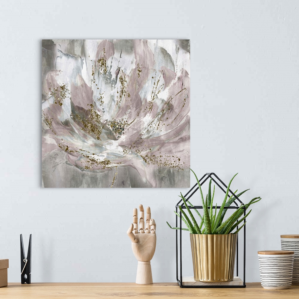 A bohemian room featuring A square decorative image of a large abstract bloom in grey and pink with gold accents.