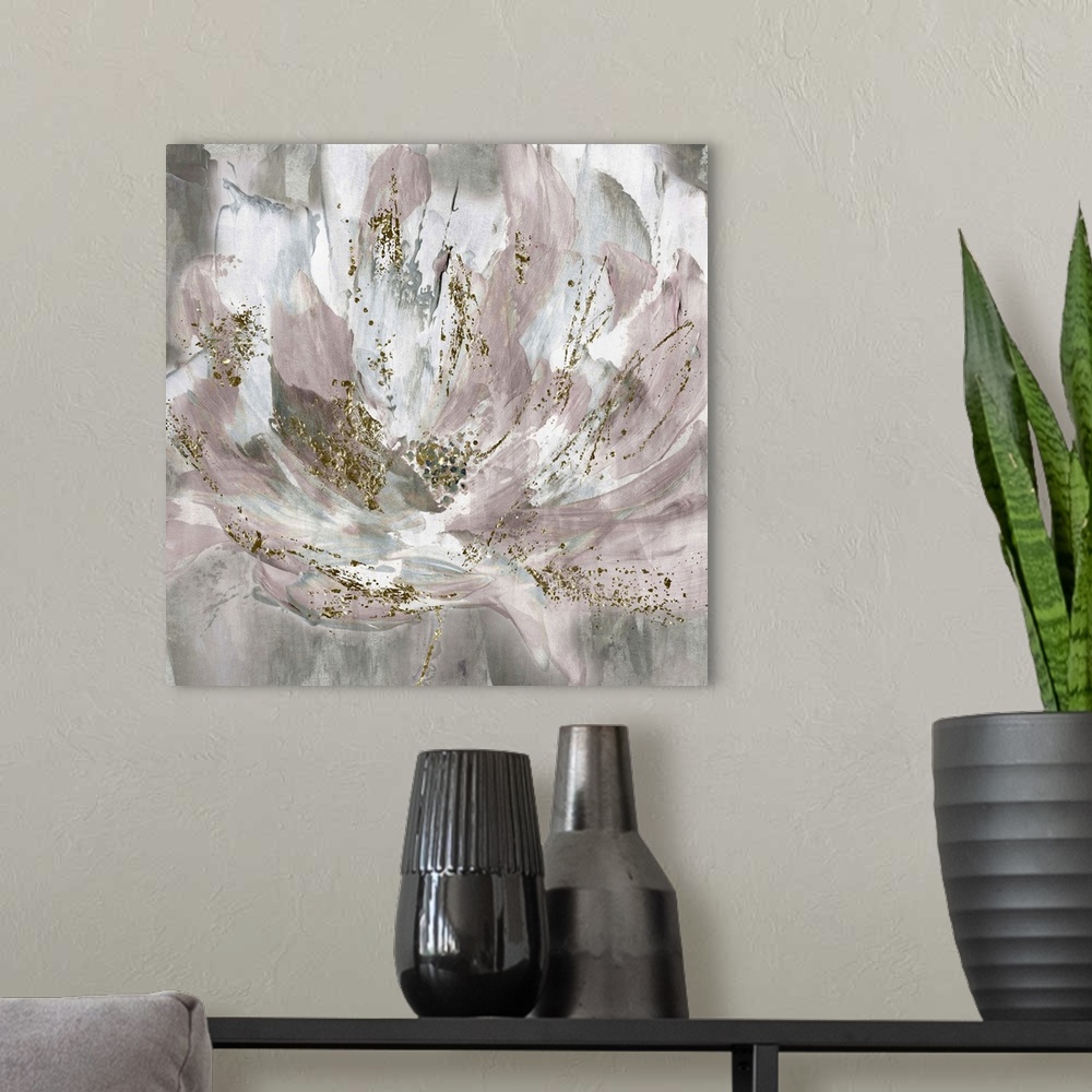 A modern room featuring A square decorative image of a large abstract bloom in grey and pink with gold accents.