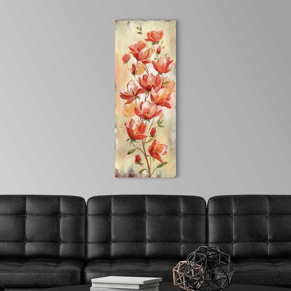 A modern room featuring Tall panel painting of warm toned flowers growing upwards on a branch.