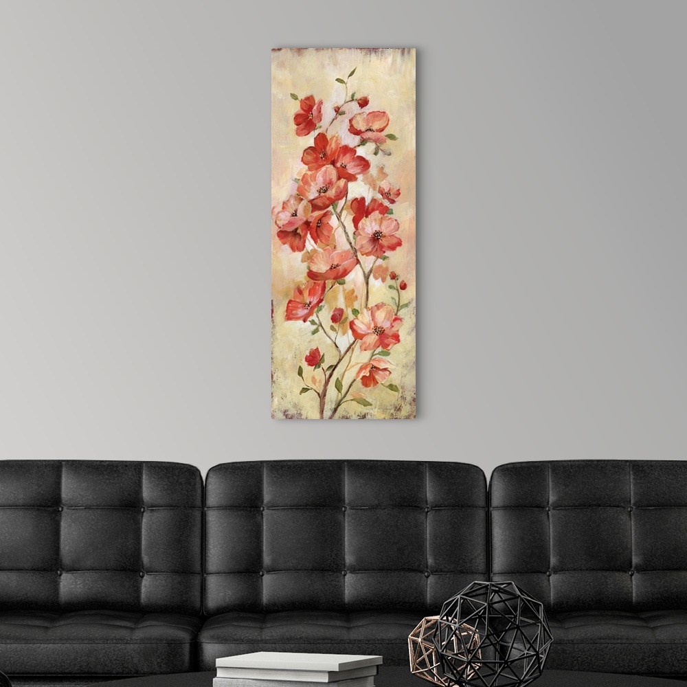 A modern room featuring Tall panel painting of warm toned flowers growing upwards on a branch.