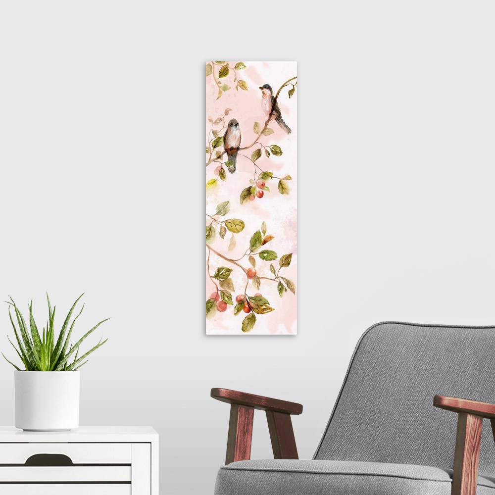 A modern room featuring A watercolor painting of two birds perched on a branch surrounded by green leaves and red berries...
