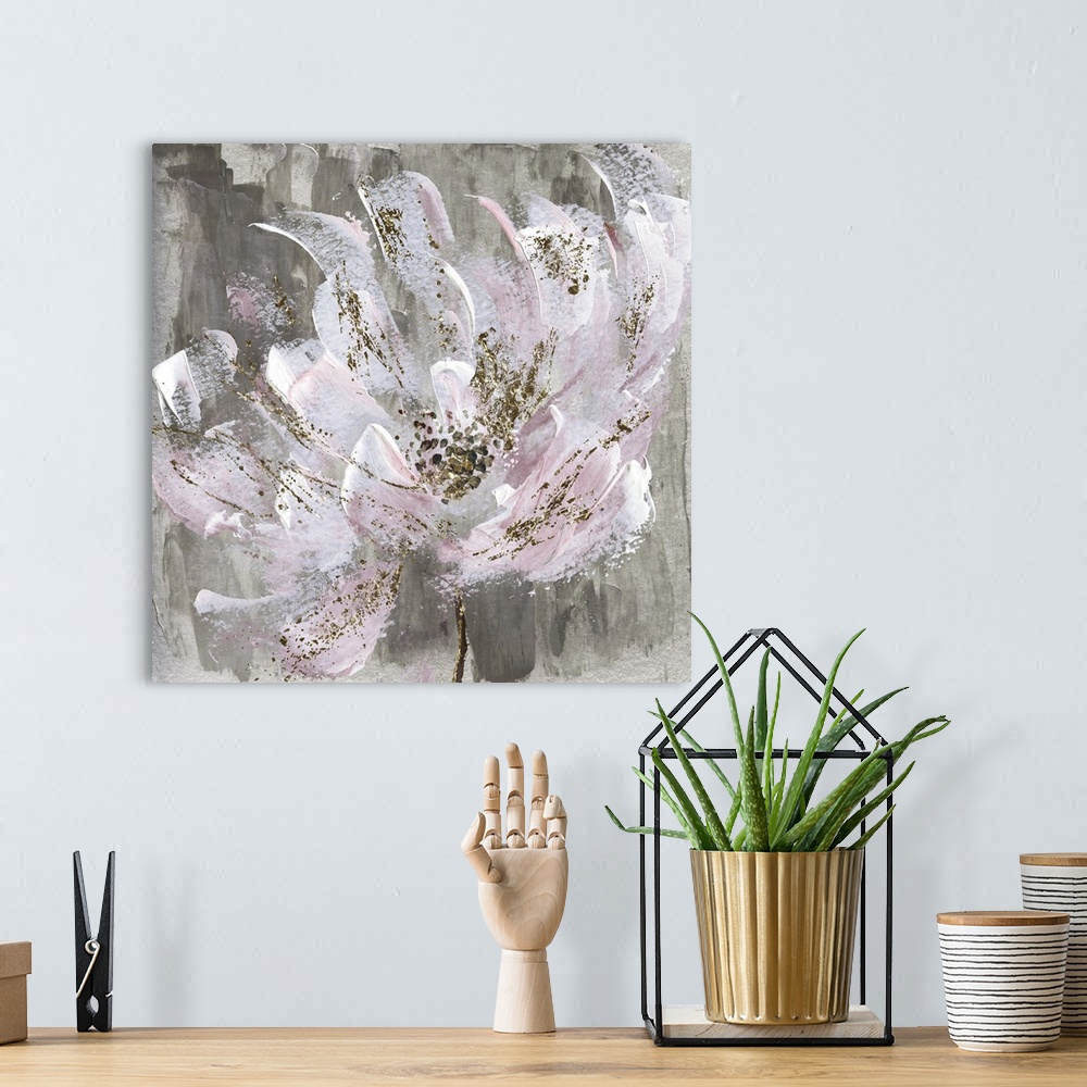 A bohemian room featuring Semi abstract artwork of a flower with paint splatters and pale pink petals.