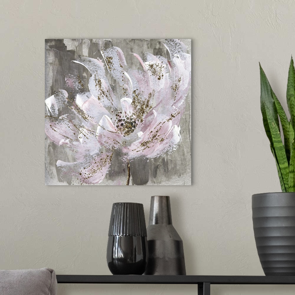 A modern room featuring Semi abstract artwork of a flower with paint splatters and pale pink petals.