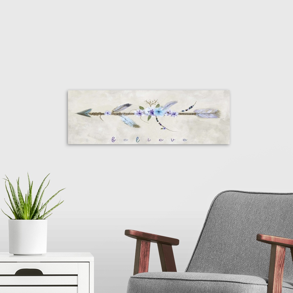 A modern room featuring Contemporary painting of an arrow decorated with flowers, beads, and feathers with the word "Beli...