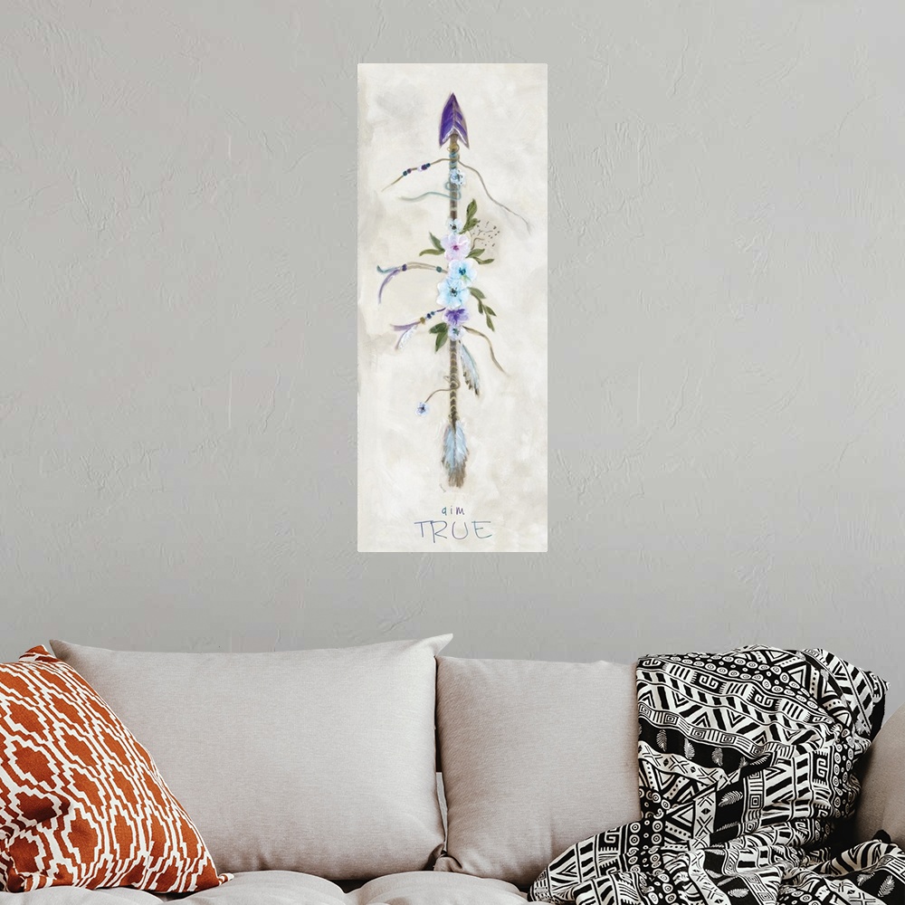 A bohemian room featuring Contemporary painting of an arrow decorated with flowers, beads, and feathers with the phrase "Ai...
