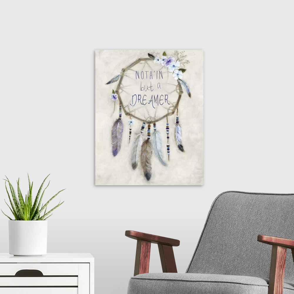 A modern room featuring Painting of a dreamcatcher decorated with colorful feathers, beads, and flowers with the phrase "...