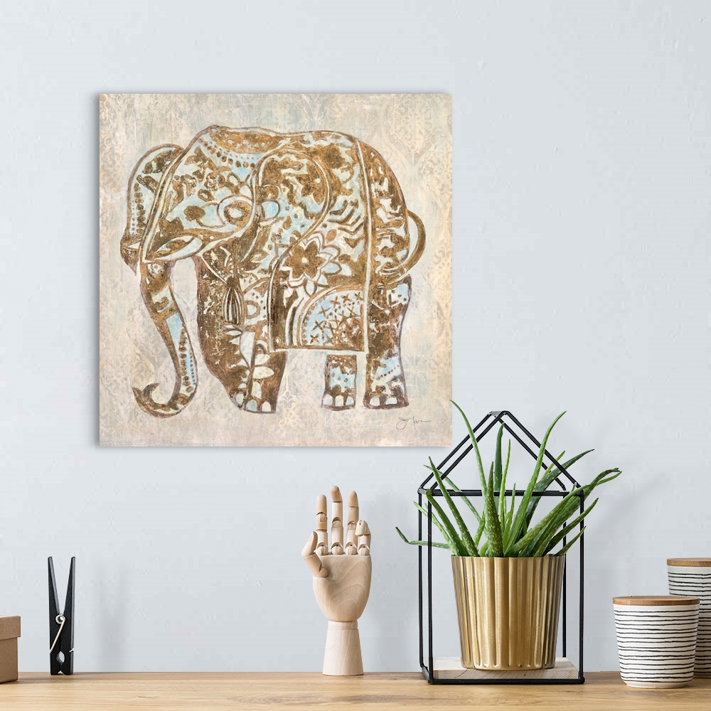 A bohemian room featuring Bohemian style illustration of an elephant with floral and mandala designs.