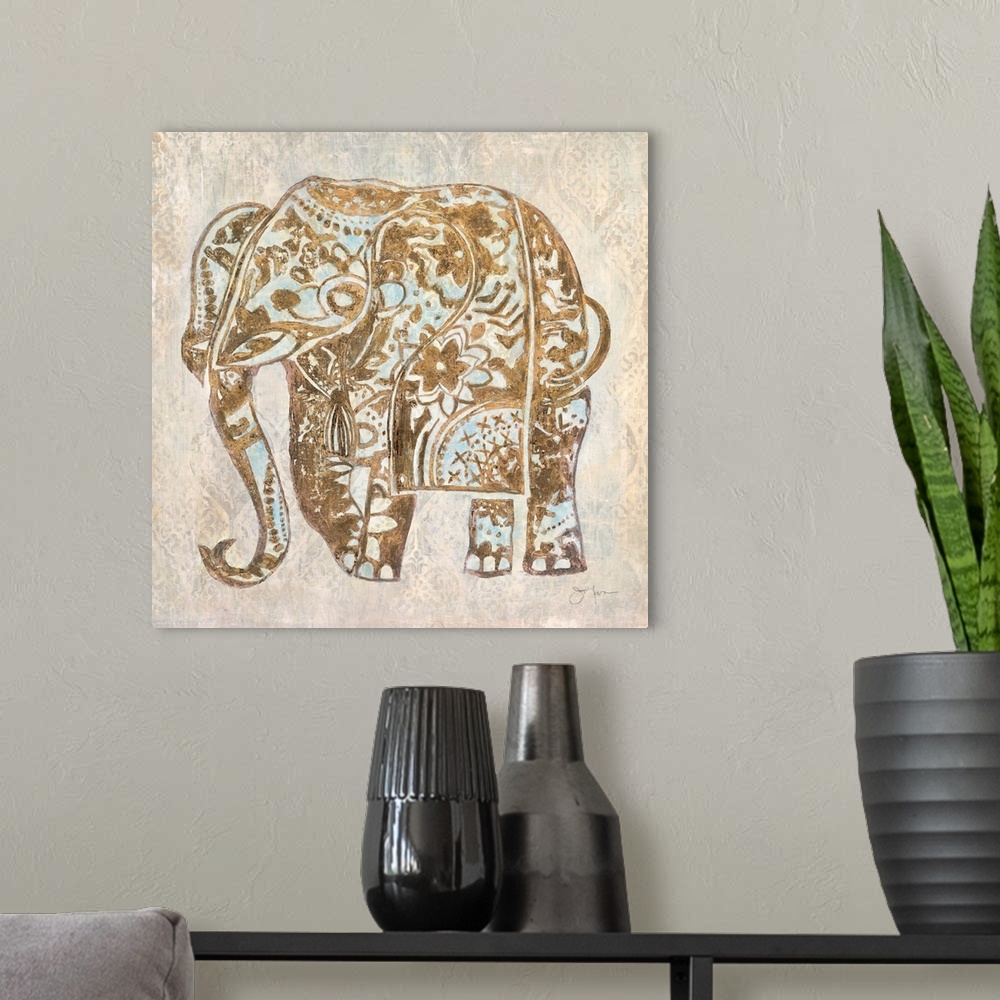 A modern room featuring Bohemian style illustration of an elephant with floral and mandala designs.