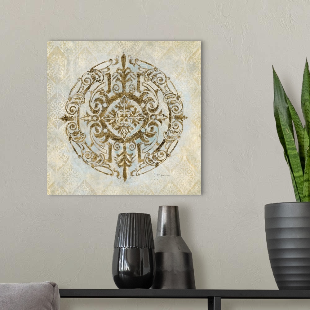 A modern room featuring Round medallion design in a Bohemian style in shades of gold.