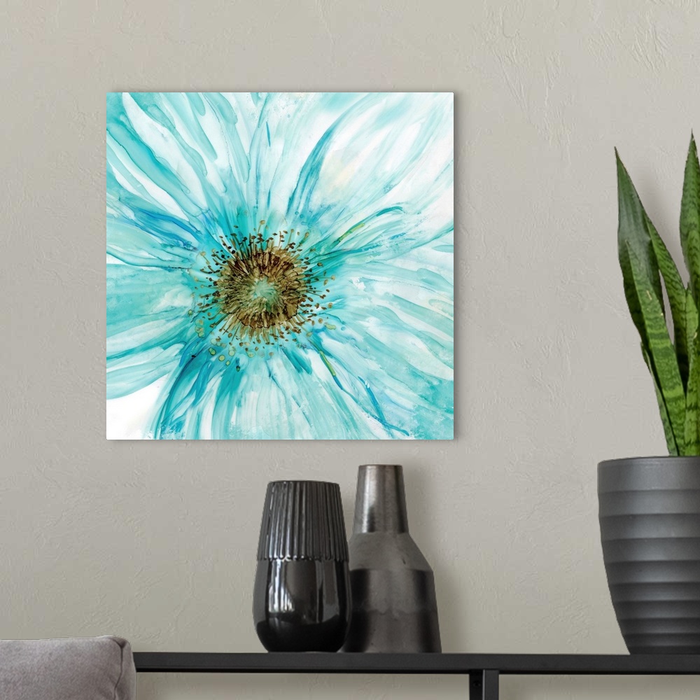 A modern room featuring Abstract painting of a blue flower made with watercolors on a square background.