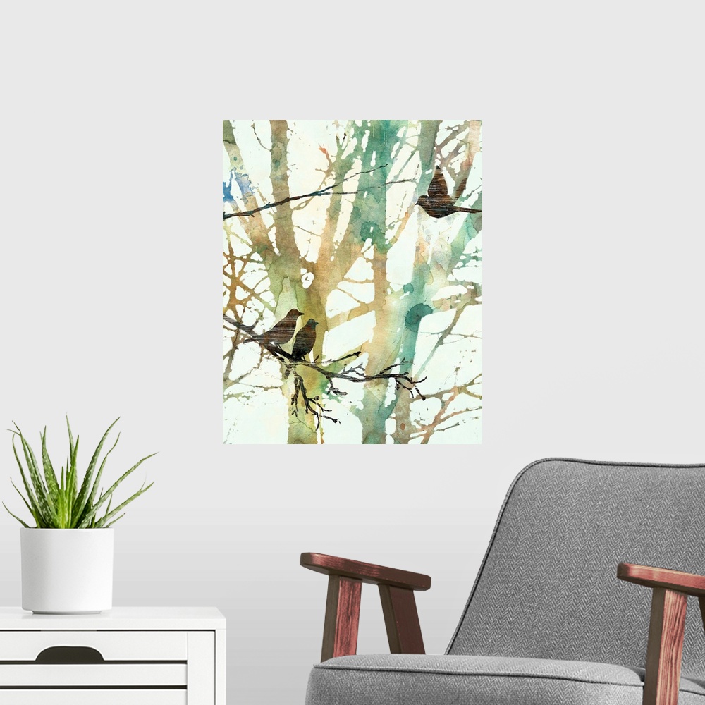 A modern room featuring Distressed textured birds perch on watercolor branches against a white background in this digital...