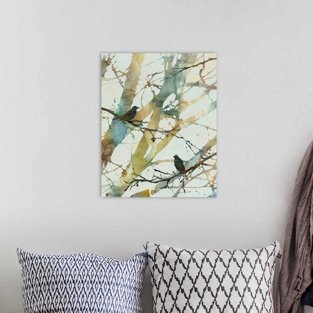 A bohemian room featuring Distressed textured birds perch on watercolor branches against a white background in this digital...