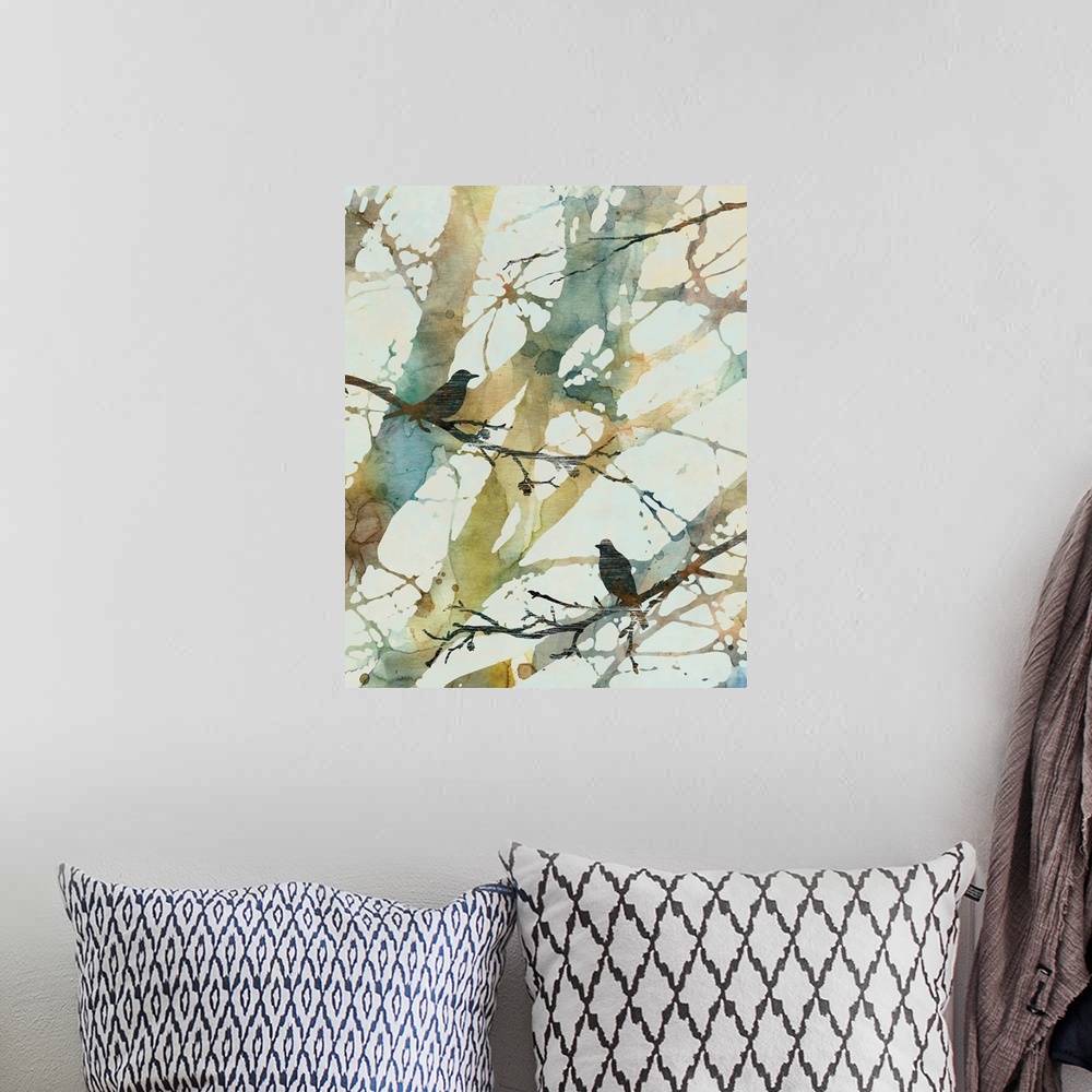 A bohemian room featuring Distressed textured birds perch on watercolor branches against a white background in this digital...