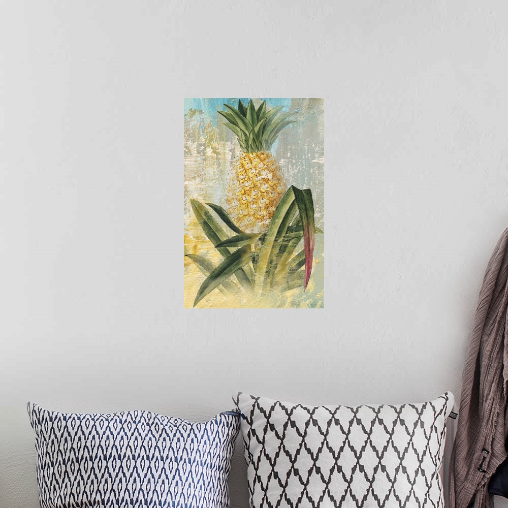 A bohemian room featuring Contemporary painting of a pineapple in its natural state, growing out of the ground, with long l...