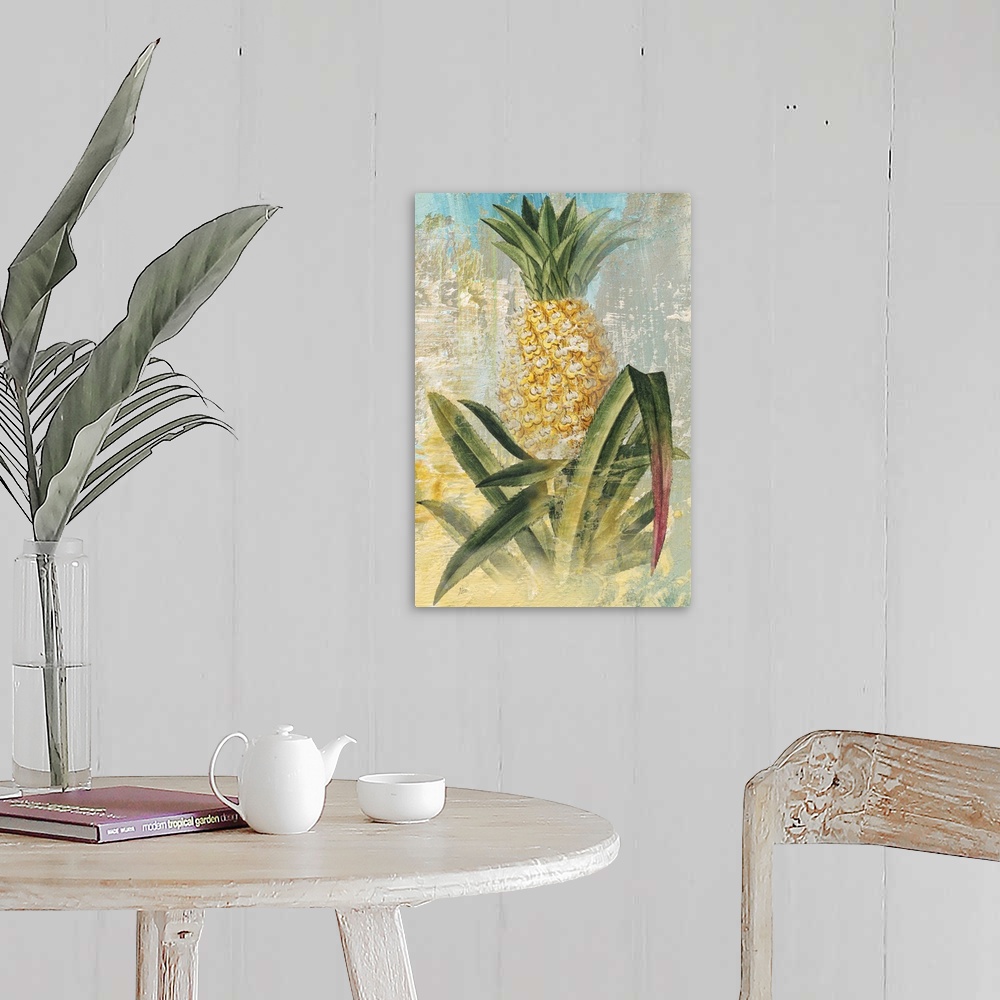 A farmhouse room featuring Contemporary painting of a pineapple in its natural state, growing out of the ground, with long l...