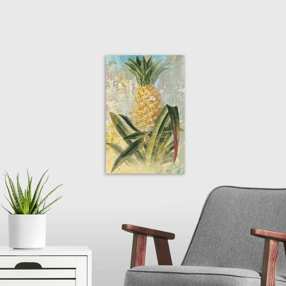A modern room featuring Contemporary painting of a pineapple in its natural state, growing out of the ground, with long l...